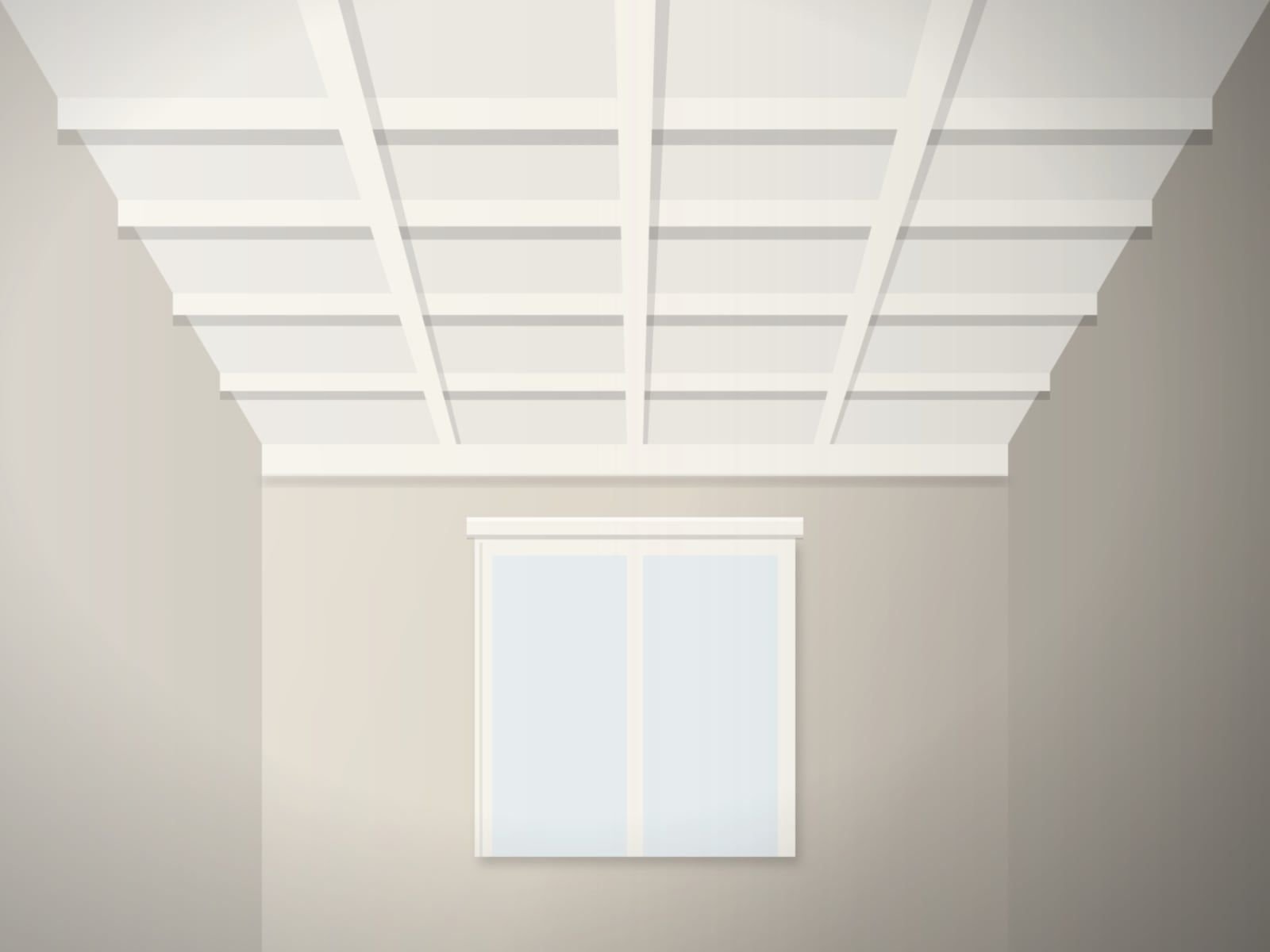 Coffered ceiling with a grid of trimmed beams